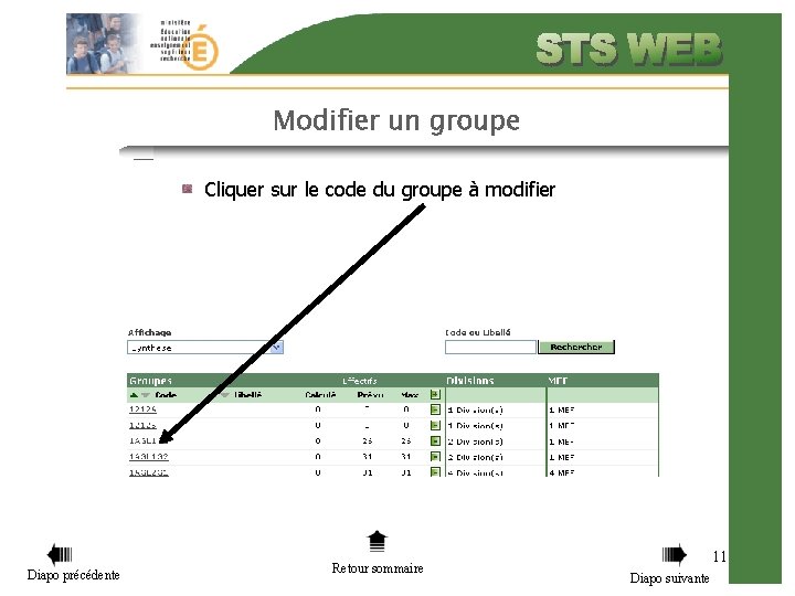 Modifier un groupe Cliquer sur le code du groupe à modifier Diapo précédente Retour