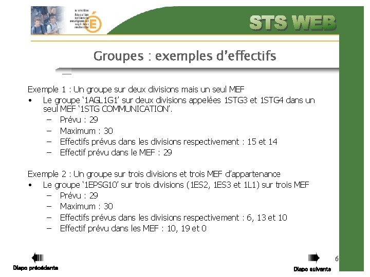 Groupes : exemples d’effectifs Exemple 1 : Un groupe sur deux divisions mais un