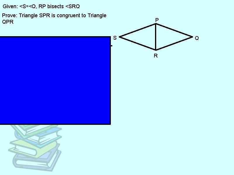 Given: <S≅<Q, RP bisects <SRQ Prove: Triangle SPR is congruent to Triangle QPR Statements