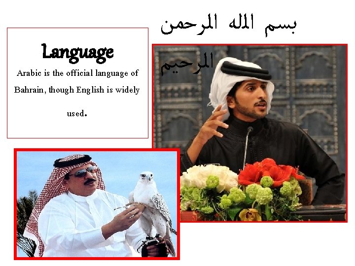 Language Arabic is the official language of Bahrain, though English is widely used .