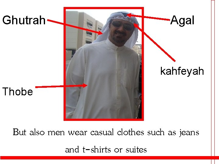 Ghutrah Agal kahfeyah Thobe But also men wear casual clothes such as jeans and