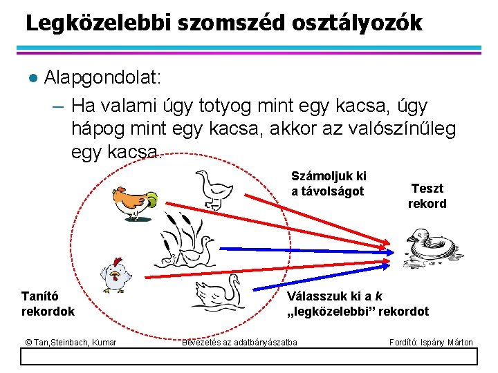 Legközelebbi szomszéd osztályozók l Alapgondolat: – Ha valami úgy totyog mint egy kacsa, úgy