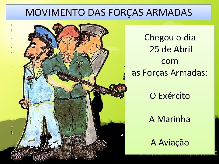 MOVIMENTO DAS FORÇAS ARMADAS Chegou o dia 25 de Abril com as Forças Armadas: