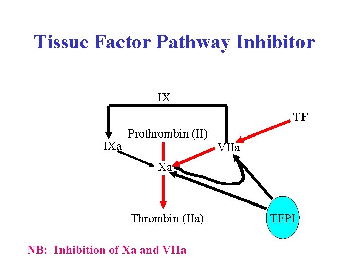 Tissue Factor Pathway Inhibitor IX TF IXa Prothrombin (II) VIIa Xa Thrombin (IIa) NB: