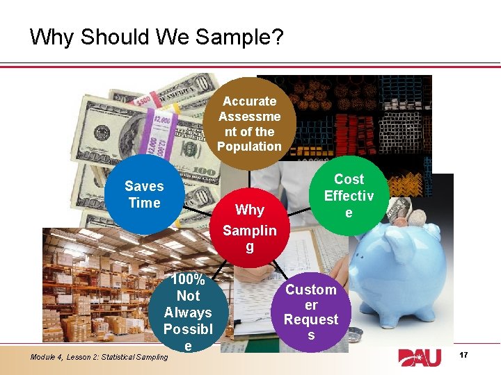 Why Should We Sample? Accurate Assessme nt of the Population Saves Time 100% Not