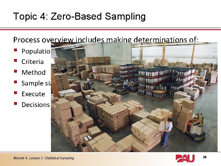 Topic 4: Zero-Based Sampling Process overview includes making determinations of: § § § Population