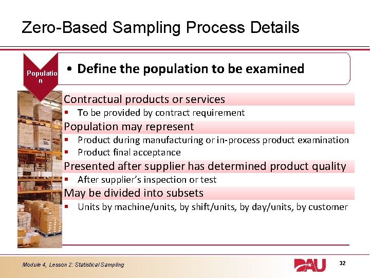 Zero-Based Sampling Process Details Populatio n • Define the population to be examined Contractual