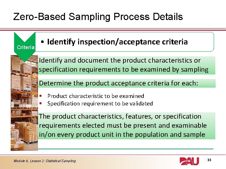 Zero-Based Sampling Process Details Criteria • Identify inspection/acceptance criteria Identify and document the product