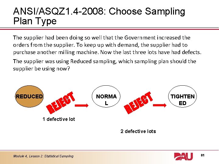 ANSI/ASQZ 1. 4 -2008: Choose Sampling Plan Type The supplier had been doing so