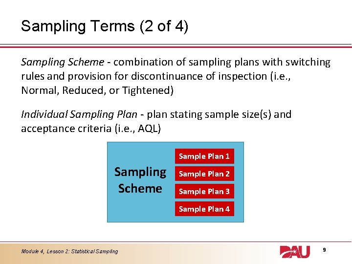 Sampling Terms (2 of 4) Sampling Scheme - combination of sampling plans with switching