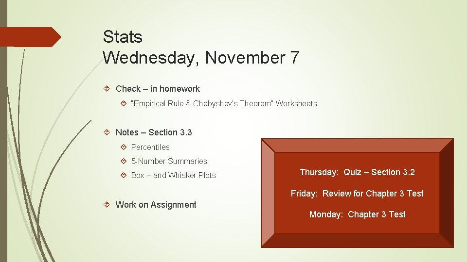 Stats Wednesday, November 7 Check – in homework “Empirical Rule & Chebyshev’s Theorem” Worksheets