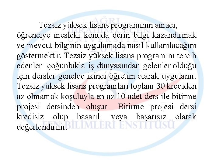 Tezsiz yüksek lisans programının amacı, öğrenciye mesleki konuda derin bilgi kazandırmak ve mevcut bilginin