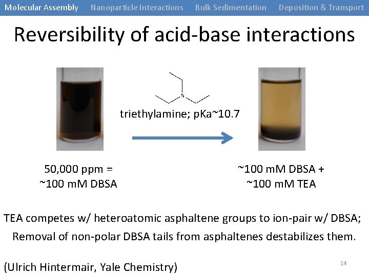 Molecular Assembly Nanoparticle Interactions Bulk Sedimentation Deposition & Transport Reversibility of acid-base interactions triethylamine;