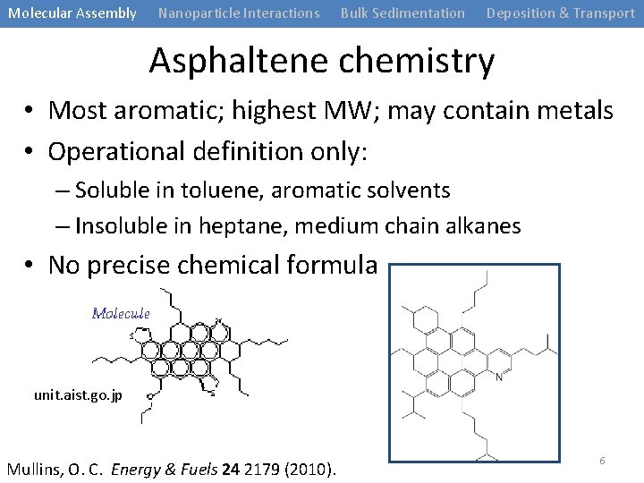Molecular Assembly Nanoparticle Interactions Bulk Sedimentation Deposition & Transport Asphaltene chemistry • Most aromatic;