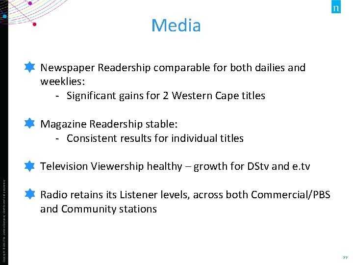 Media Newspaper Readership comparable for both dailies and weeklies: - Significant gains for 2