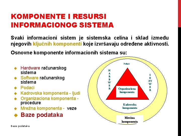 KOMPONENTE I RESURSI INFORMACIONOG SISTEMA Svaki informacioni sistem je sistemska celina i sklad između