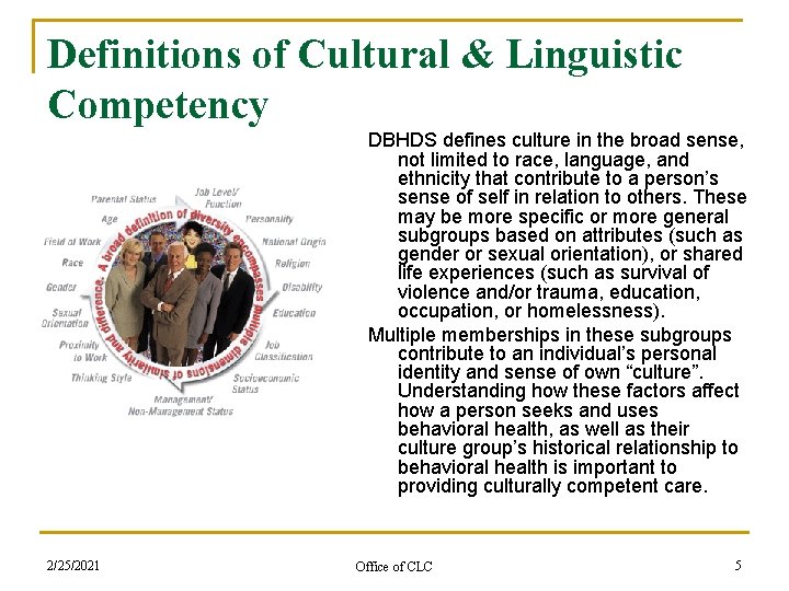 Definitions of Cultural & Linguistic Competency DBHDS defines culture in the broad sense, not