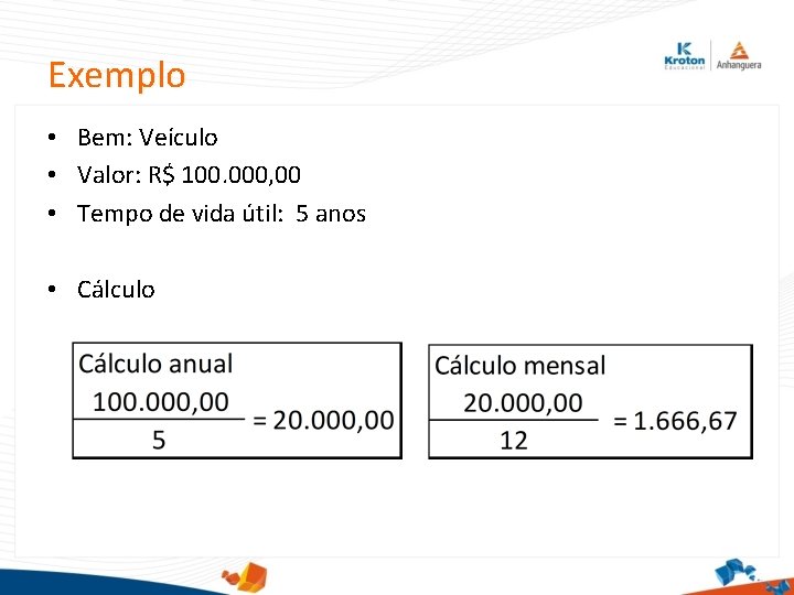 Exemplo • Bem: Veículo • Valor: R$ 100. 000, 00 • Tempo de vida