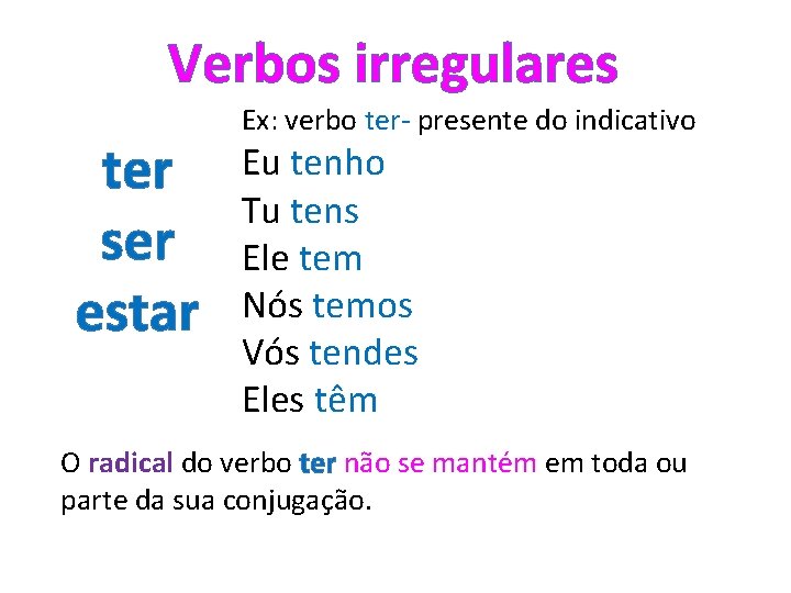 Verbos irregulares ter ser estar Ex: verbo ter- presente do indicativo Eu tenho Tu