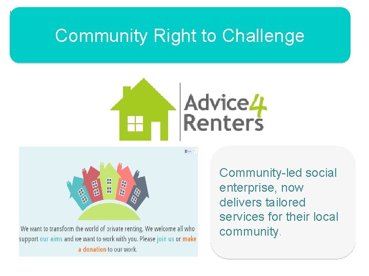 Community Right to Challenge Community-led social enterprise, now delivers tailored services for their local