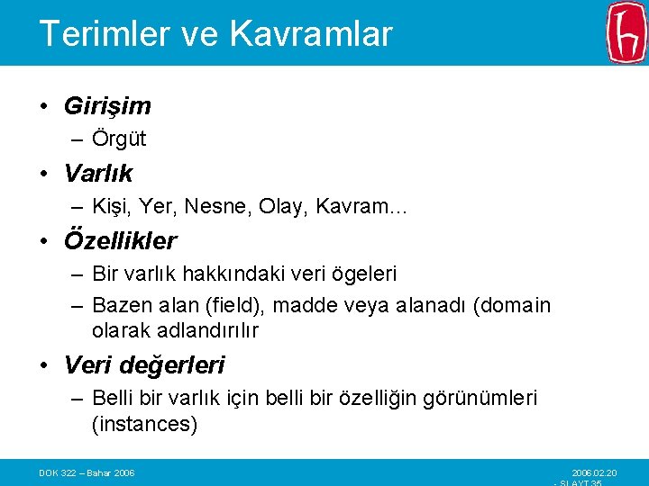 Terimler ve Kavramlar • Girişim – Örgüt • Varlık – Kişi, Yer, Nesne, Olay,