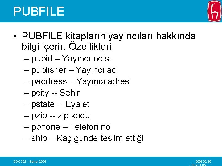 PUBFILE • PUBFILE kitapların yayıncıları hakkında bilgi içerir. Özellikleri: – pubid – Yayıncı no’su