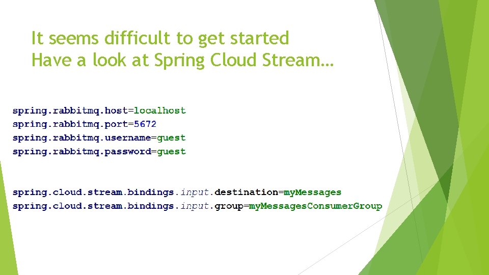 It seems difficult to get started Have a look at Spring Cloud Stream… 