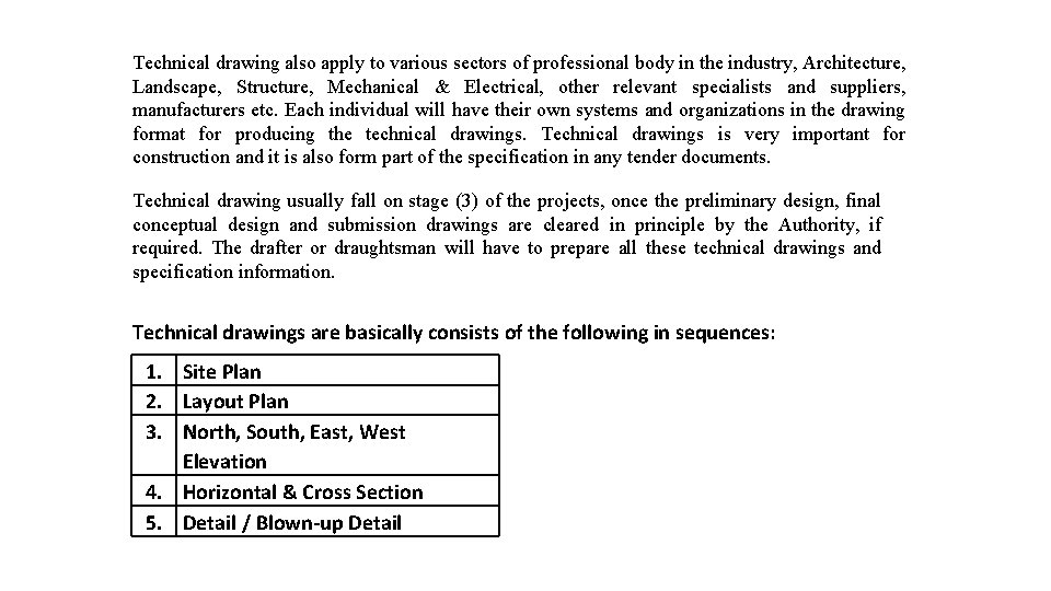 Technical drawing also apply to various sectors of professional body in the industry, Architecture,