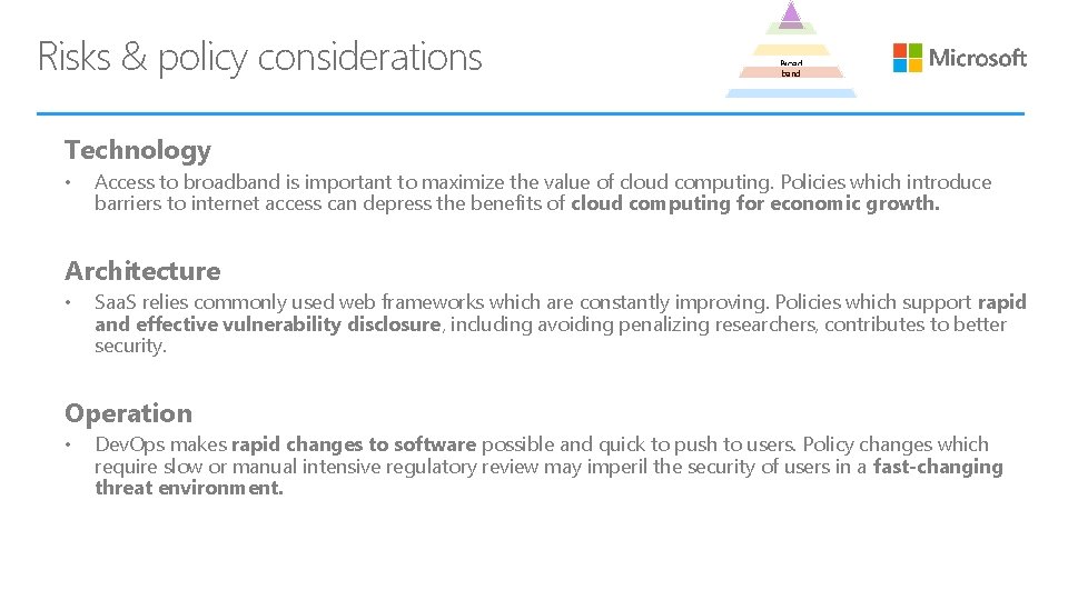 Risks & policy considerations Broad band Technology • Access to broadband is important to