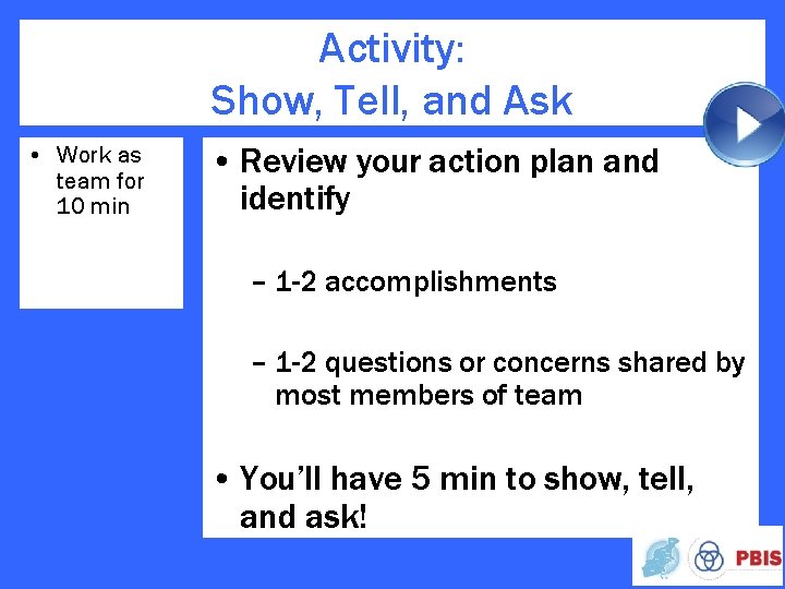 Activity: Show, Tell, and Ask • Work as team for 10 min • Review