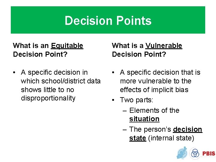 Decision Points What is an Equitable Decision Point? What is a Vulnerable Decision Point?