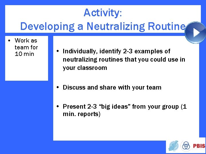 Activity: Developing a Neutralizing Routine • Work as team for 10 min • Individually,