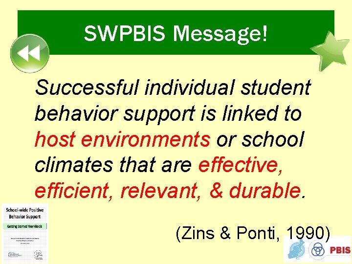 SWPBIS Message! Successful individual student behavior support is linked to host environments or school