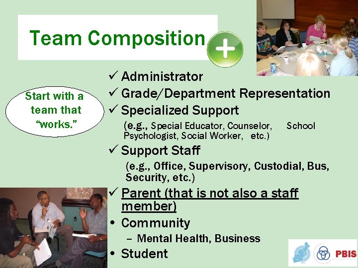 Team Composition Start with a team that “works. ” ü Administrator ü Grade/Department Representation