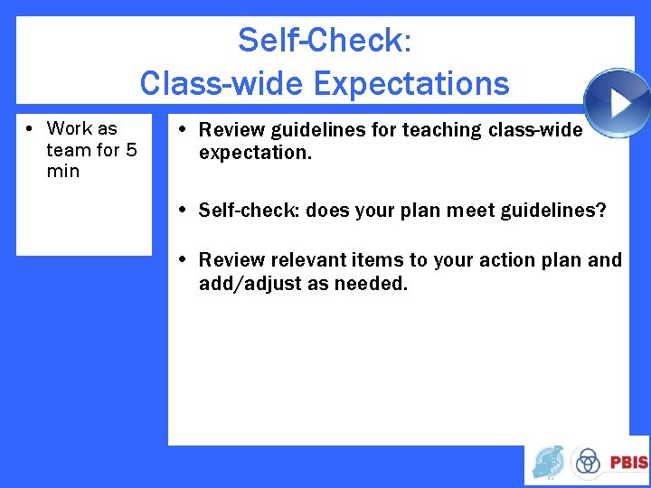 Self-Check: Class-wide Expectations • Work as team for 5 min • Review guidelines for