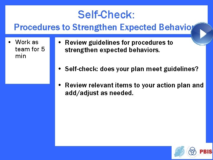 Self-Check: Procedures to Strengthen Expected Behaviors • Work as team for 5 min •