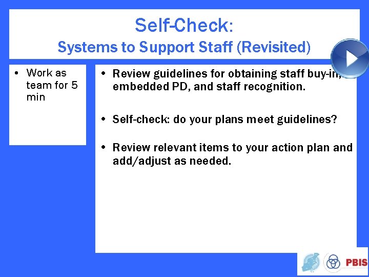Self-Check: Systems to Support Staff (Revisited) • Work as team for 5 min •