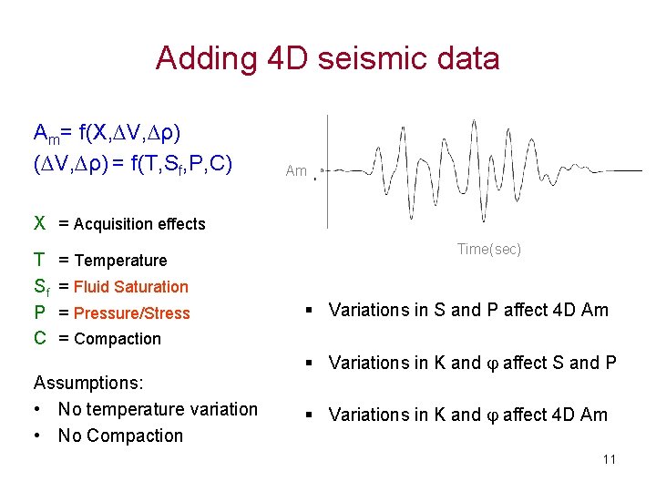 Adding 4 D seismic data Am= f(X, ∆V, ∆ρ) (∆V, ∆ρ) = f(T, Sf,