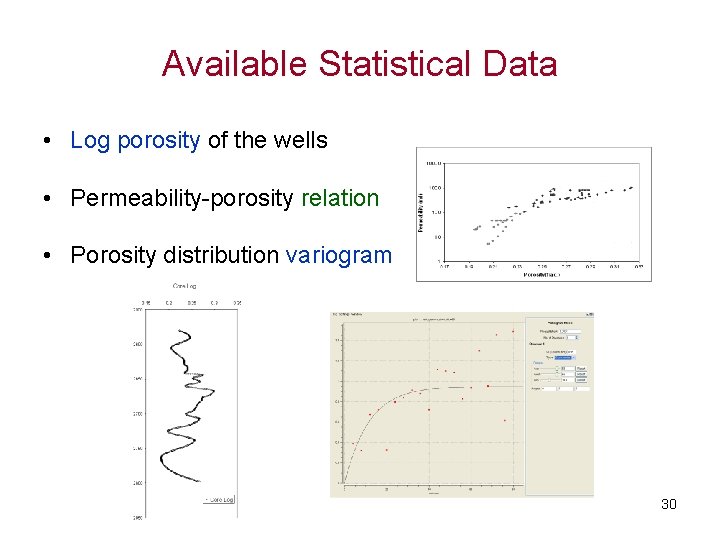Available Statistical Data • Log porosity of the wells • Permeability-porosity relation • Porosity