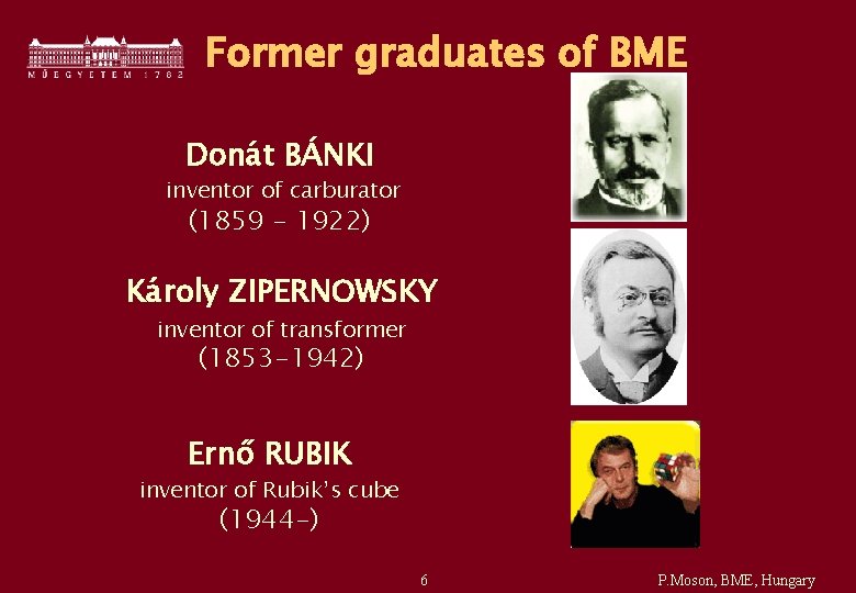 Former graduates of BME Donát BÁNKI inventor of carburator (1859 - 1922) Károly ZIPERNOWSKY