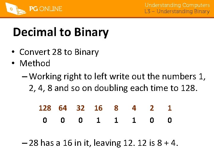 Understanding Computers L 3 – Understanding Binary Decimal to Binary • Convert 28 to