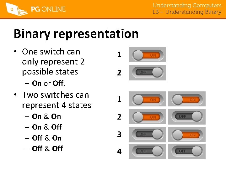 Understanding Computers L 3 – Understanding Binary representation • One switch can only represent