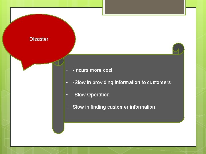 Disaster • -Incurs more cost • -Slow in providing information to customers • -Slow