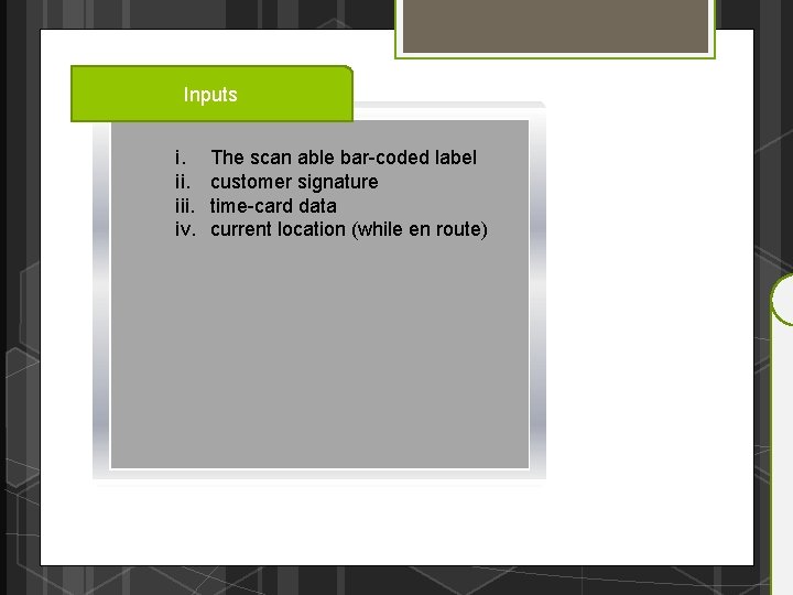 Inputs i. iii. iv. The scan able bar-coded label customer signature time-card data current