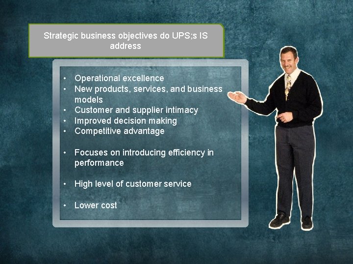 Strategic business objectives do UPS; s IS address • Operational excellence • New products,