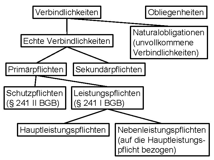 Verbindlichkeiten Echte Verbindlichkeiten Obliegenheiten Naturalobligationen (unvollkommene Verbindlichkeiten) Primärpflichten Sekundärpflichten Schutzpflichten (§ 241 II BGB)