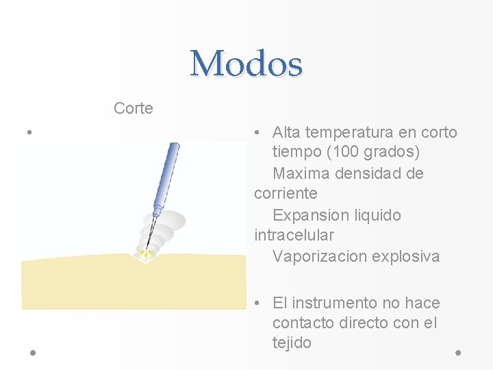 Modos Corte • • Alta temperatura en corto tiempo (100 grados) Maxima densidad de Modos Corte • • Alta temperatura en corto tiempo (100 grados) Maxima densidad de