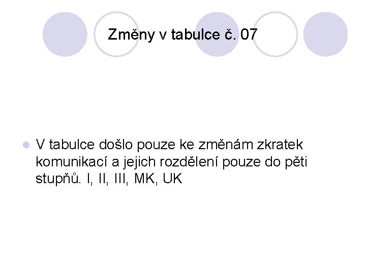 Změny v tabulce č. 07 l V tabulce došlo pouze ke změnám zkratek komunikací