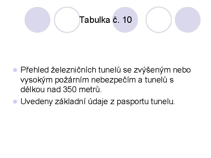 Tabulka č. 10 Přehled železničních tunelů se zvýšeným nebo vysokým požárním nebezpečím a tunelů