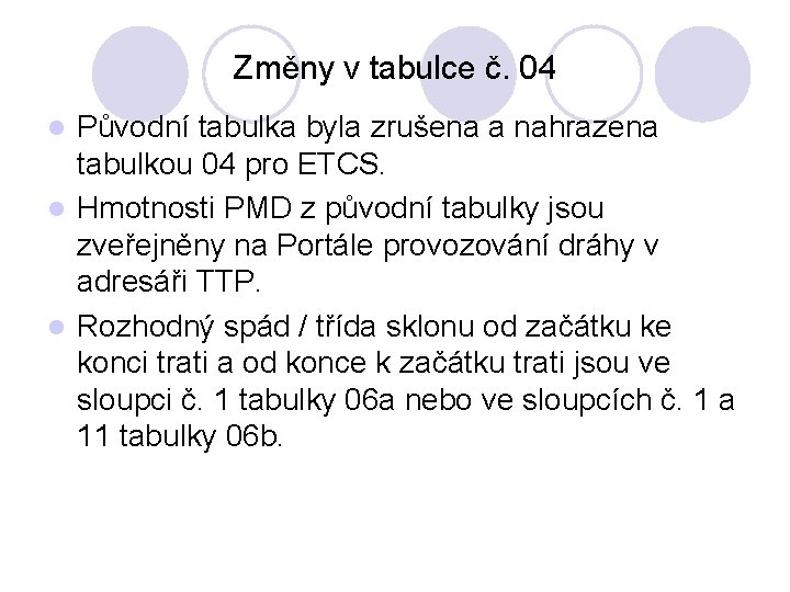 Změny v tabulce č. 04 Původní tabulka byla zrušena a nahrazena tabulkou 04 pro